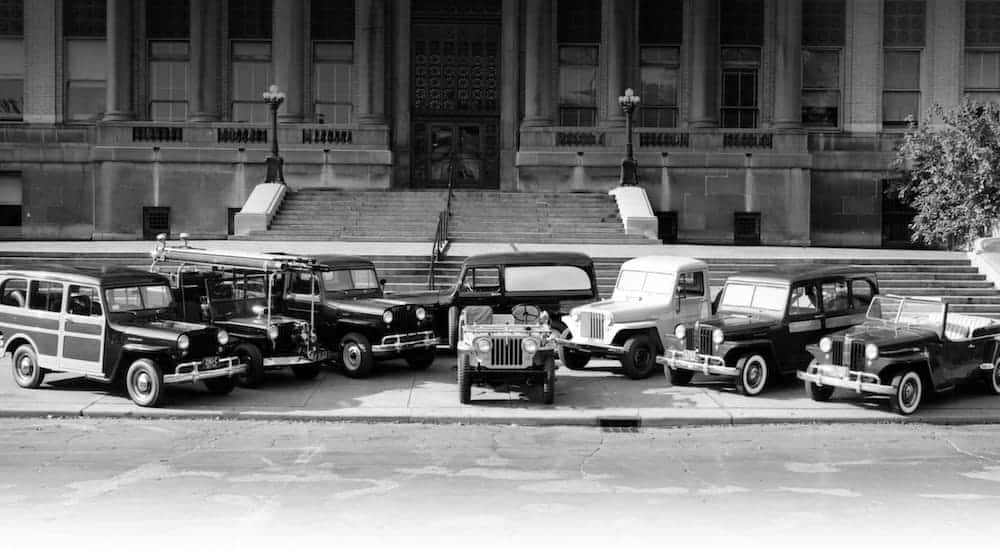 Many vintage Jeep models are parked in front of a building with stairs, shown in black and white.