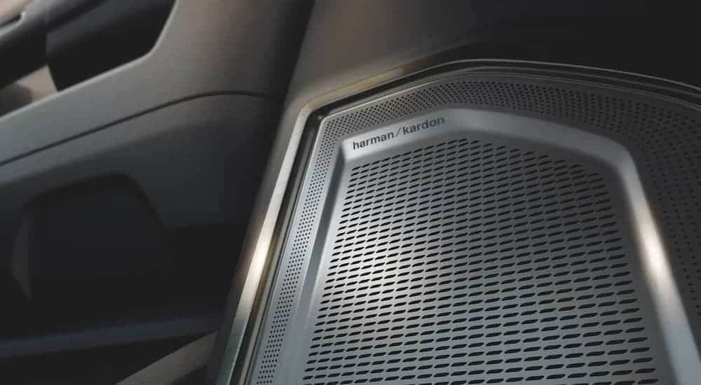A close up is shown from a low angle of the black interior and speakers on a 2020 Ram 3500 Big Horn.