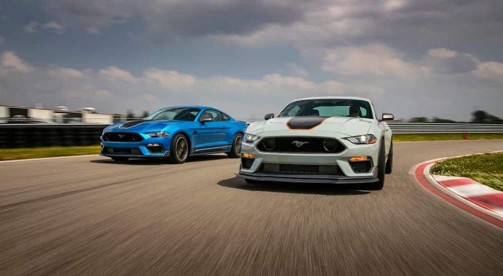 A white and a blue 2021 Ford Mustang Mach 1 are rounding a corner on a track.
