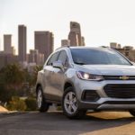A silver 2021 Chevy Trax is parked with a city skyline in the background.