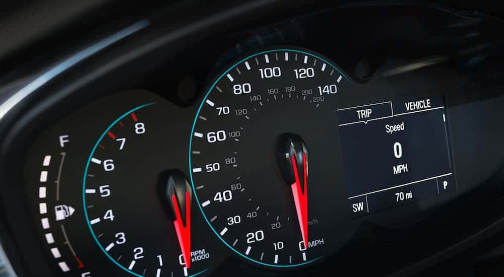 The black interior and gauges are shown on a 2021 Chevy Trax.