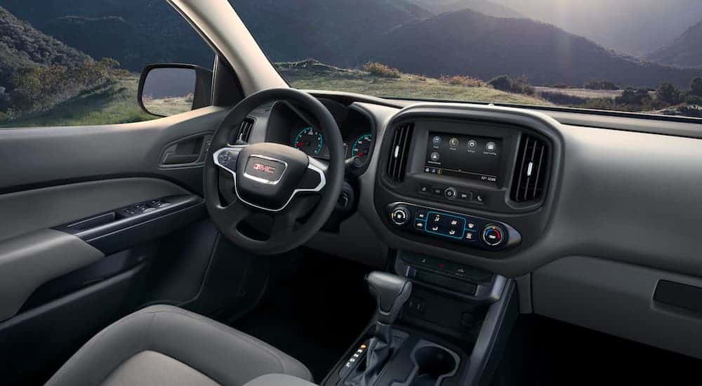 The black interior is shown on the 2021 GMC Canyon.