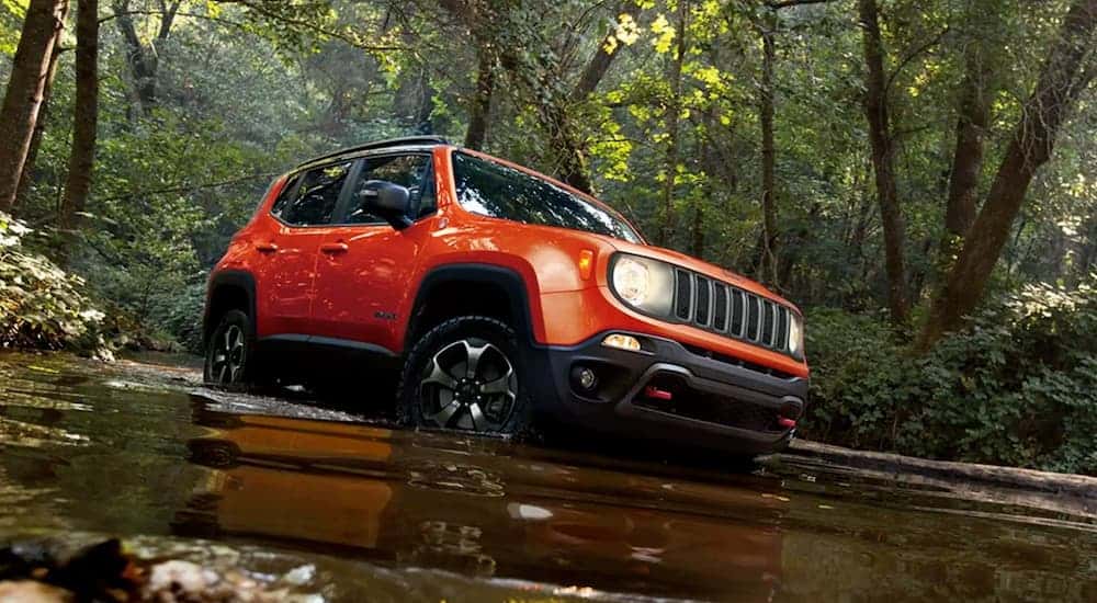 A red 2021 Jeep Renegade Trailhawk is driving through water in the woods.