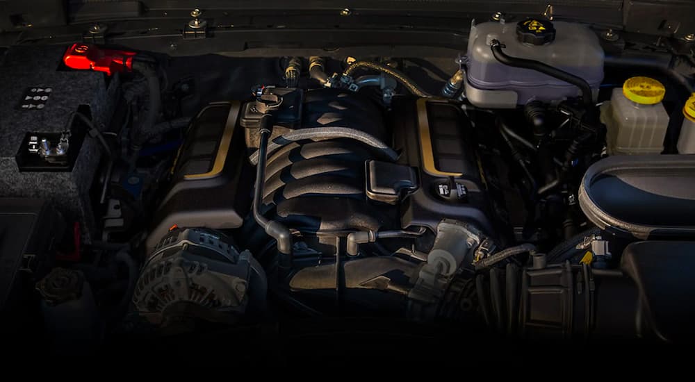 A close up is shown of the V8 engine on a 2021 Jeep Wrangler Rubicon 392.