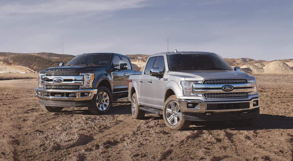 A black 2018 Ford F-250 and a silver F-150 are parked on sand after leaving an Indianapolis used truck dealer.