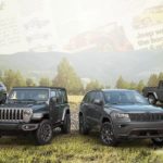 Several gray 2021 Jeep 80th Anniversary models are parked in front of mountains with transparent vintage Jeep ads are overlaid.