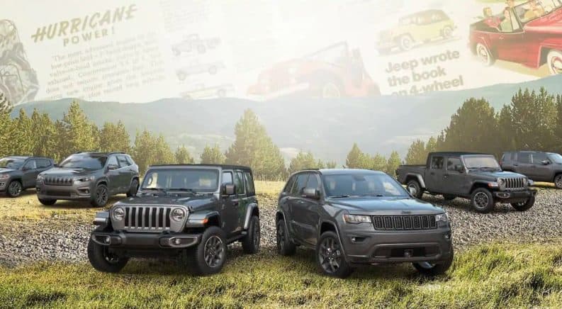 Several gray 2021 Jeep 80th Anniversary models are parked in front of mountains with transparent vintage Jeep ads are overlaid.