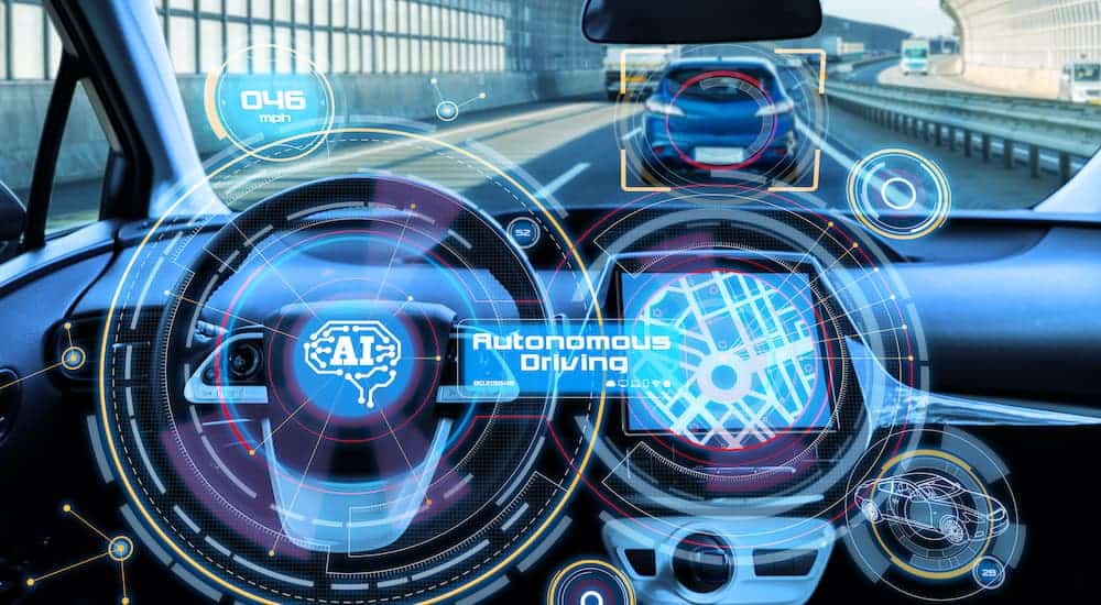 A close up of the HUD is shown on an autonomous car.