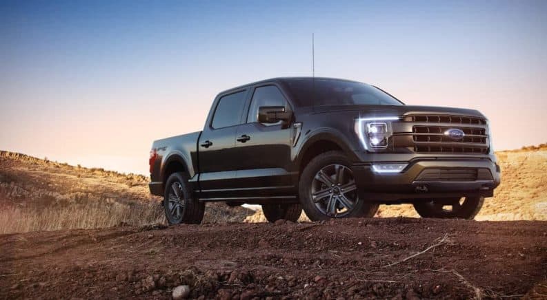 A black 2021 Ford F-150 is parked on a dirt hill.