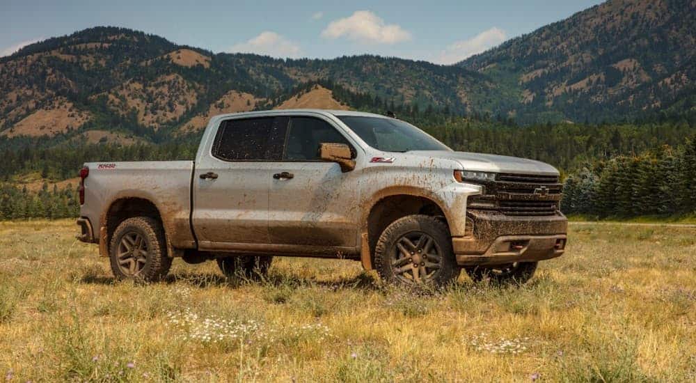 A silver 2021 Chevy Silverado 1500 is parked in a field in front of mountains.