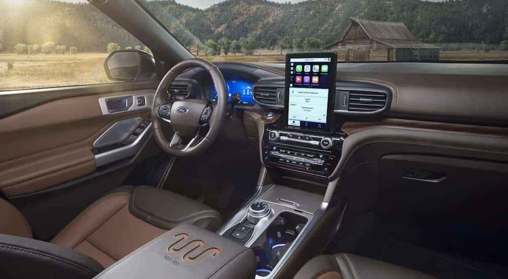 The brown interior is shown in a 2021 Ford Explorer King Ranch.
