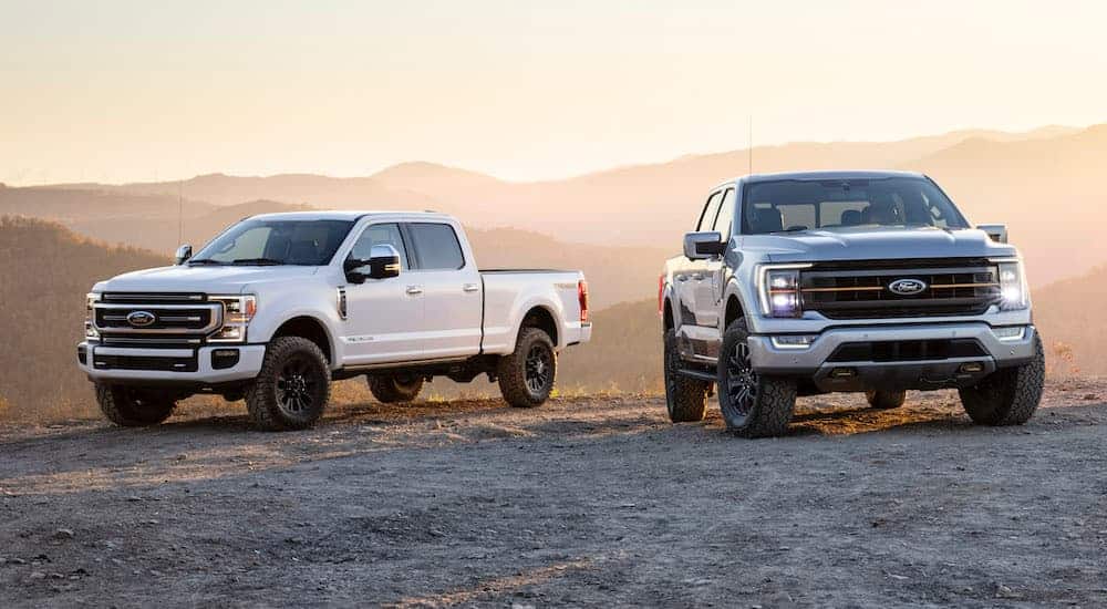 A white 2021 Ford F-250 Tremor and a silver 2021 Ford F-150 Tremor are parked off-road at sunset.