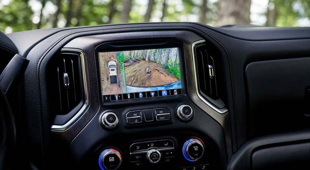 A close up shows the camera view on the infotainment screen of a 2021 GMC Sierra 1500.