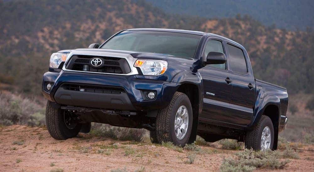 A dark blue 2015 dark blue used Toyota Tacoma is driving on a dirt trail.