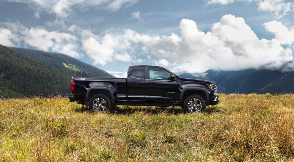 A black 2019 Chevy Colorado is shown from the side in a field in front of mountains.