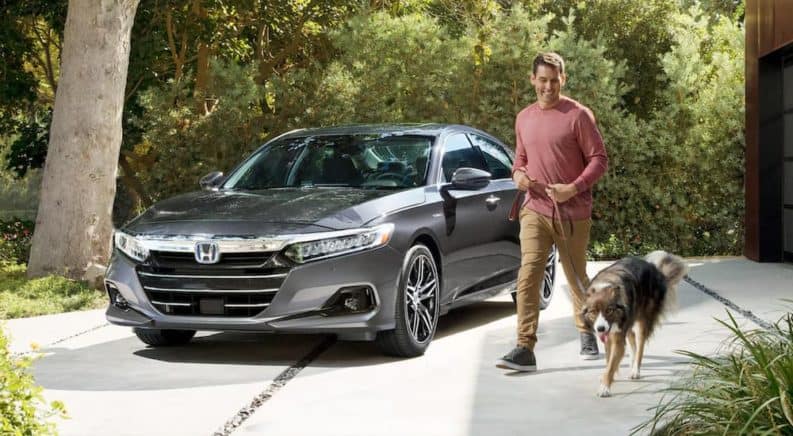 A gray 2021 Honda Accord Hybrid is shown parked in a driveway next to a man walking a dog.