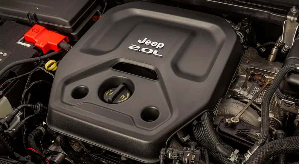 A close up shows the engine from a high angle in a 2021 Jeep Wrangler 4xe.