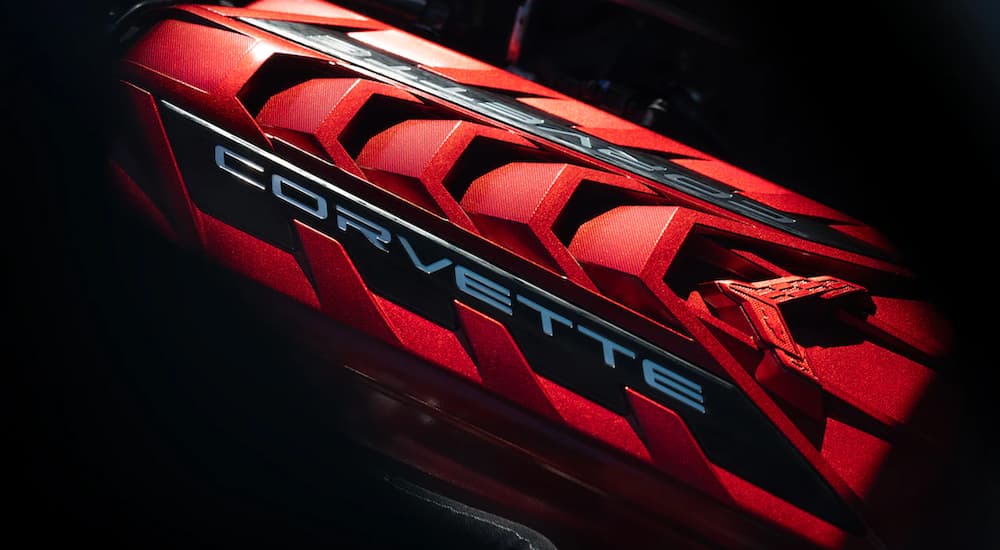 The red 2021 Chevy Corvette logo is displayed on a valve cover.