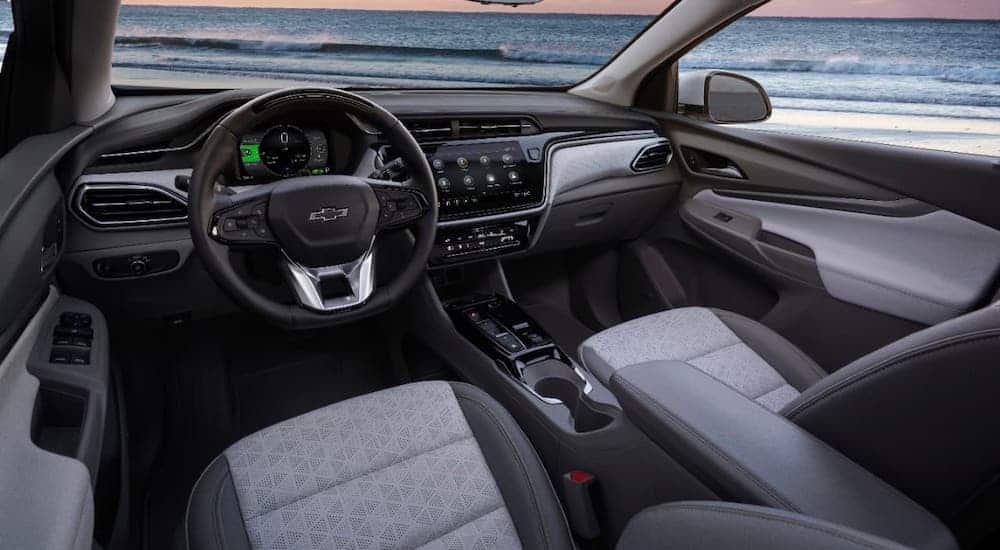 The gray and black interior of a 2022 Chevy Bolt EUV is shown.
