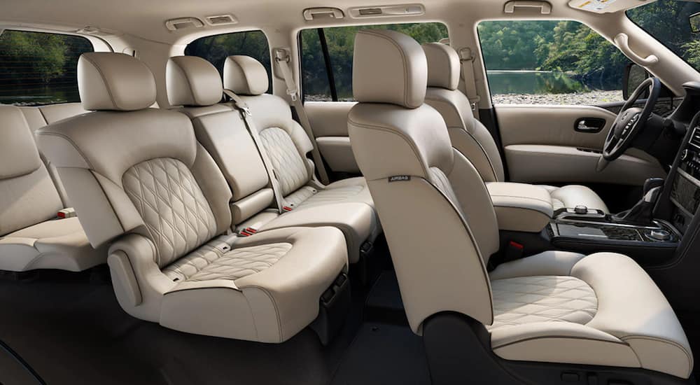 The interior of a The 2021 Nissan Armada shows three rows of seating.