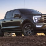 A black 2021 Ford F-150 is parked in a field at sunset.