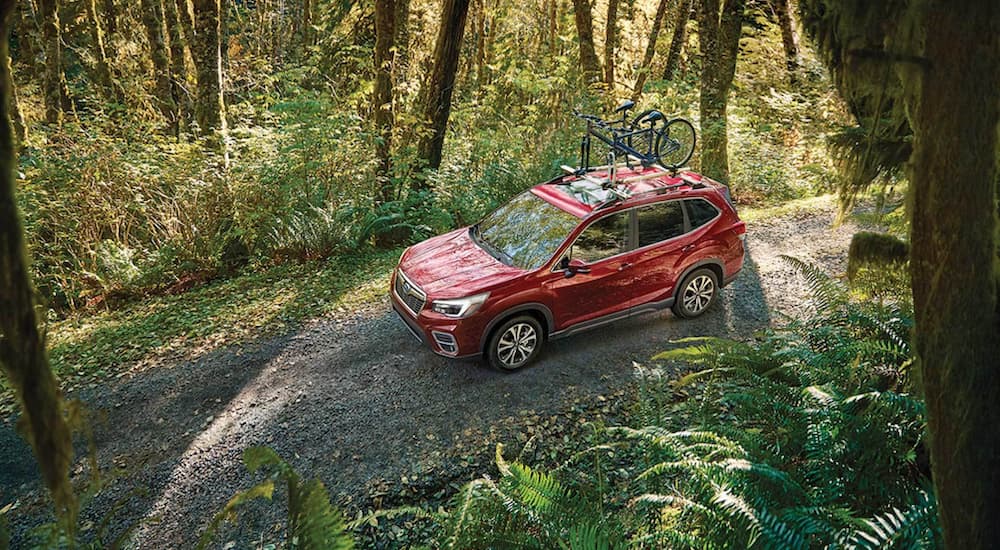 A red 2021 Subaru Forester is shown driving on a dirt road in the forest. 