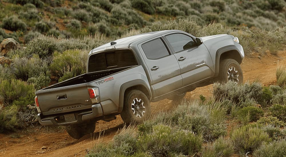 A grey 2021 Toyota Tacoma TRD is driving on a dirt path.