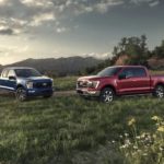 A red and blue Ford F-150 are parked in a grassy field after winning a 2021 Ford F-150 vs 2021 Chevy Silverado 1500 comparison.