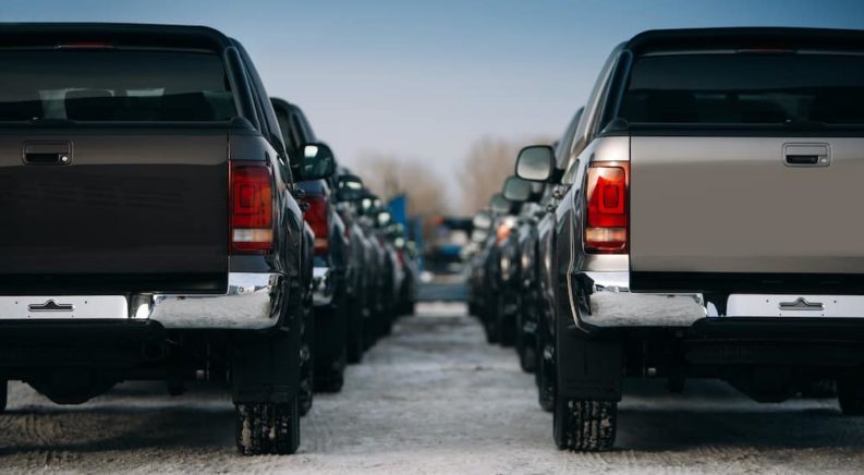 A row of trucks are parked at a lot that provides NY Chevy truck sales.