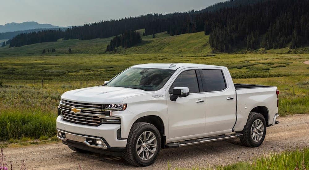 A white 2019 Chevy Silverado is parked on a dirt road overlooking a field and mountain.