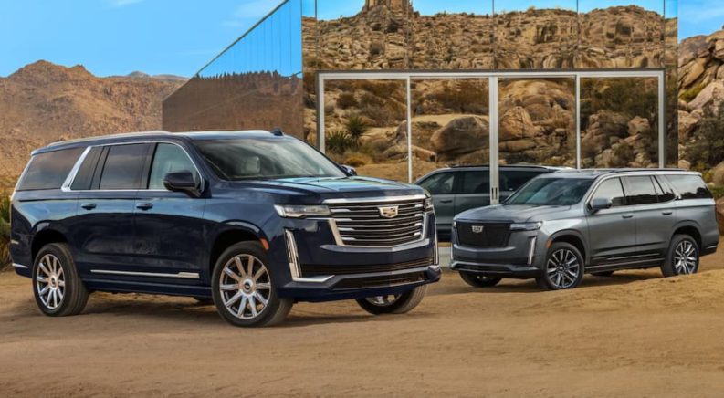 A blue and a silver 2021 Cadillac Escalade are parked in front of a modern house in the desert.