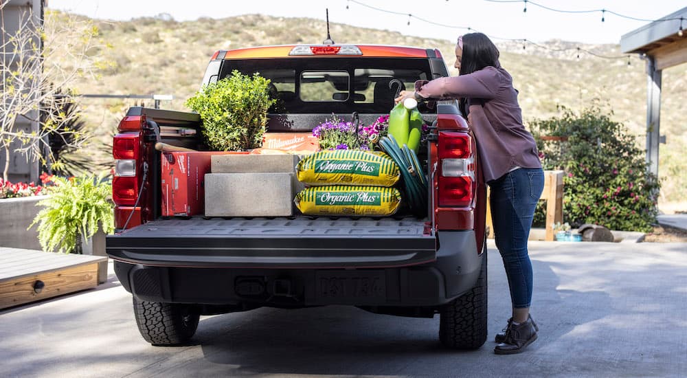 A woman is shown loading gardening supplies into the bed of a red 2022 Ford Maverick Lariat after leaving a Colorado Ford Maverick dealer.