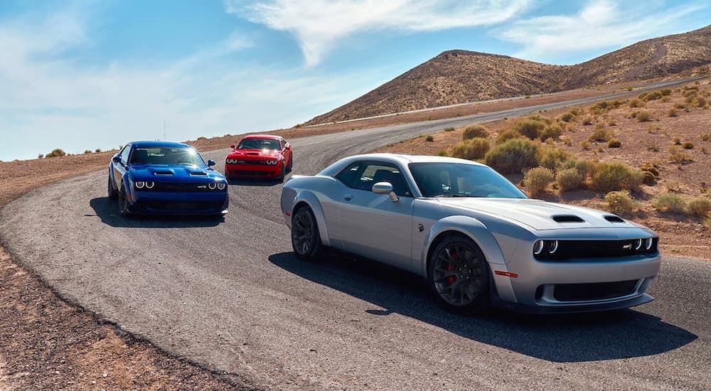 A silver, a blue, and a red 2021 Dodge Challenger are shown driving around a corner.