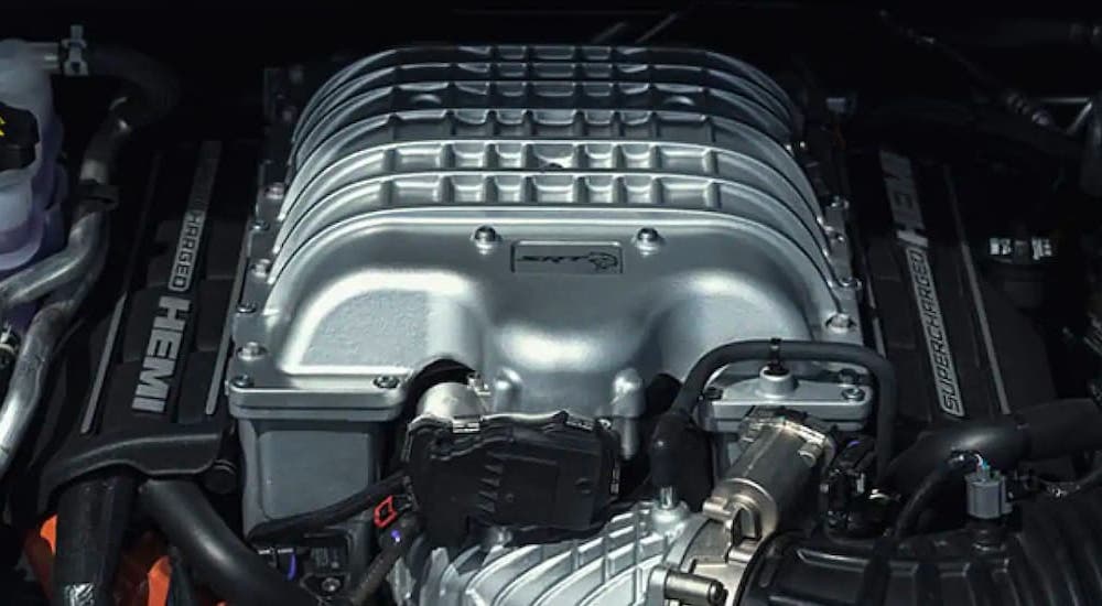 A close up shows the HEMI engine in a 2021 Dodge Durango.