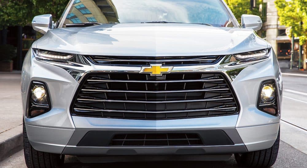 A close up shows the front end of a 2022 Chevy Blazer RS.