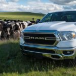 A white 2021 Ram 1500 is shown parked in a field with cows after leaving a Ram 1500 dealership.