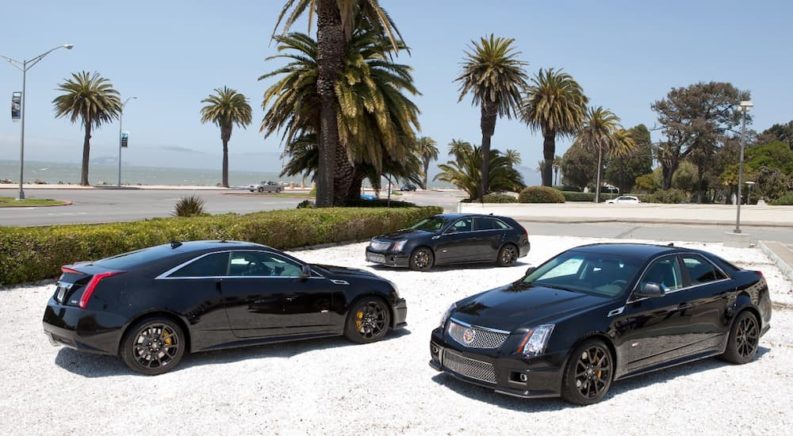 Three black Cadillac V Series from 2011 to 2014 are shown parked at a used car dealer near you.