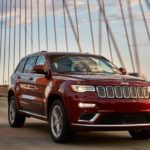 A red 2020 Jeep Grand Cherokee is shown driving on a bridge after looking at used Jeeps.