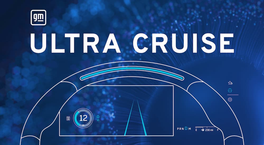 A blue GM Ultra Cruise promotional poster is shown.