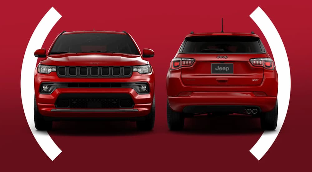 The front and back of a 2022 Jeep Compass (RED) Edition is shown on a red background.
