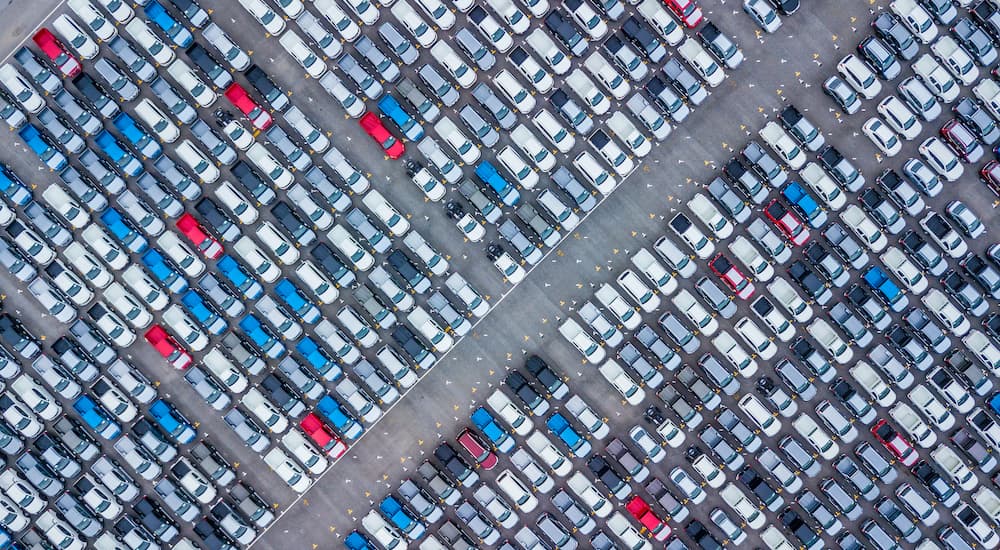 An aerial shot shows a lot of vehicles.