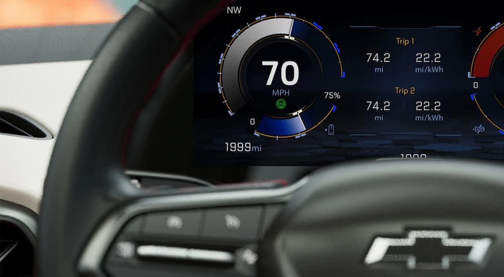 A close up of the dashboard and steering wheel in a 2024 Chevy Silverado EV is shown.