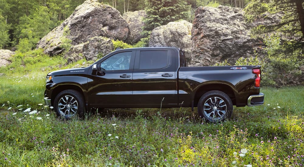 A black 2022 Chevy Silverado 1500 is shown from the side parked in a field after winning a 2022 Chevy Silverado 1500 vs 2022 Ford F-150 comparison.