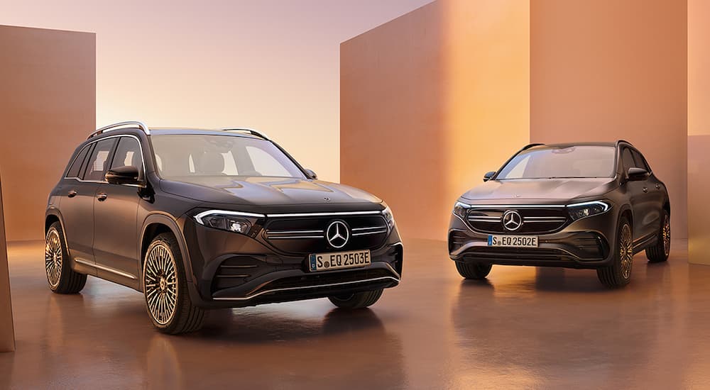Two black 2022 Mercedes EQBs are shown from the front parked in a modern gallery.