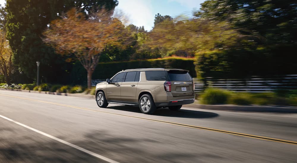 A tan 2022 Chevy Suburban is shown from the rear driving down a tree lined road.