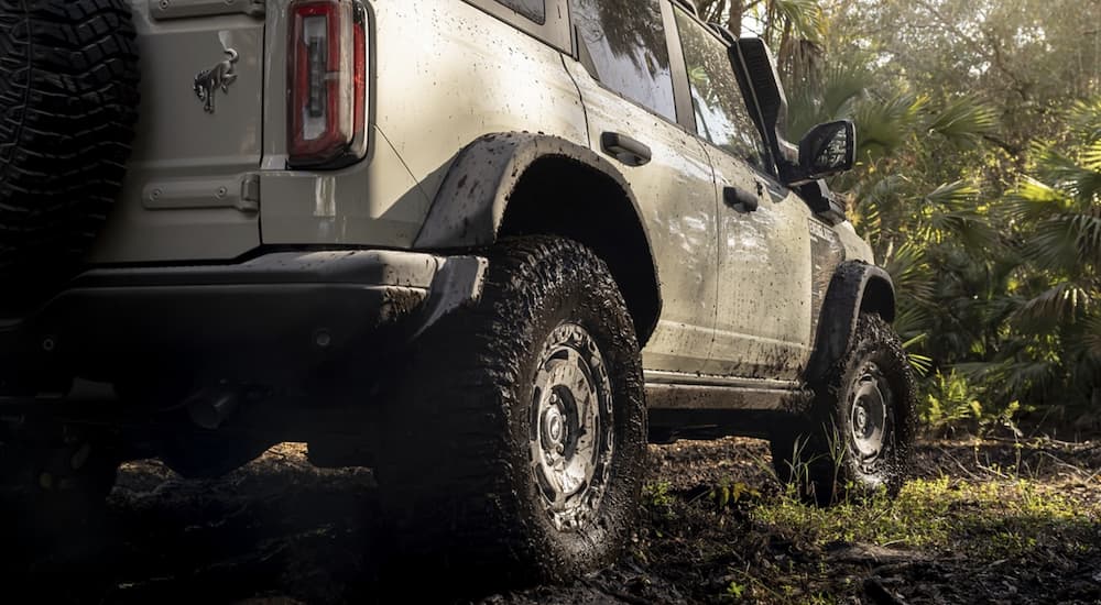 A tan 2022 Ford Bronco is shown from the rear off-roading in the jungle.