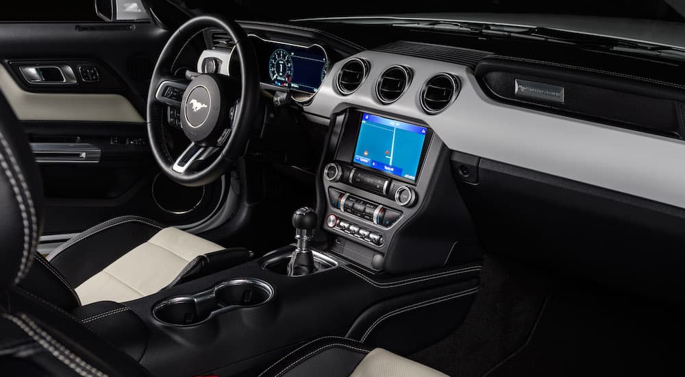 The black and white interior is shown in a 2022 Ford Mustang Ice White Edition.