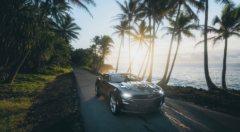 A grey 2022 Chevy Camaro SS is shown on a coastal road after visiting a Chevy Dealer.