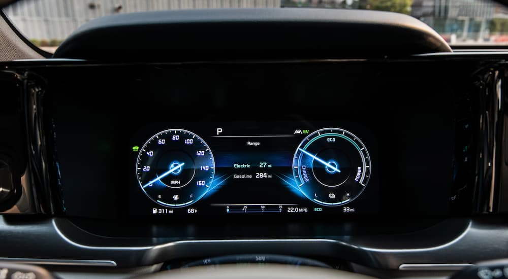 A close up shows the gauges in a 2022 Kia Sorento Plug-In Hybrid.