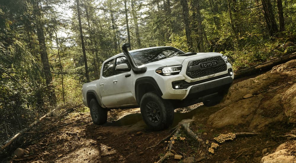 A white 2020 Toyota Tacoma TRD Pro is shown from the front at an angle while driving off road.